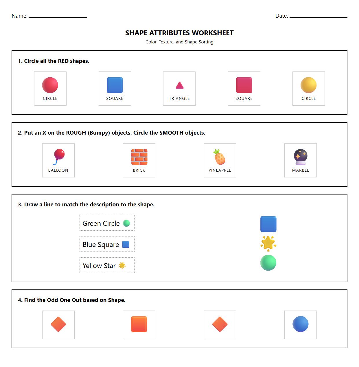 Shape Attributes Comparison Semantic Worksheet incorporating Color and Texture Attributes