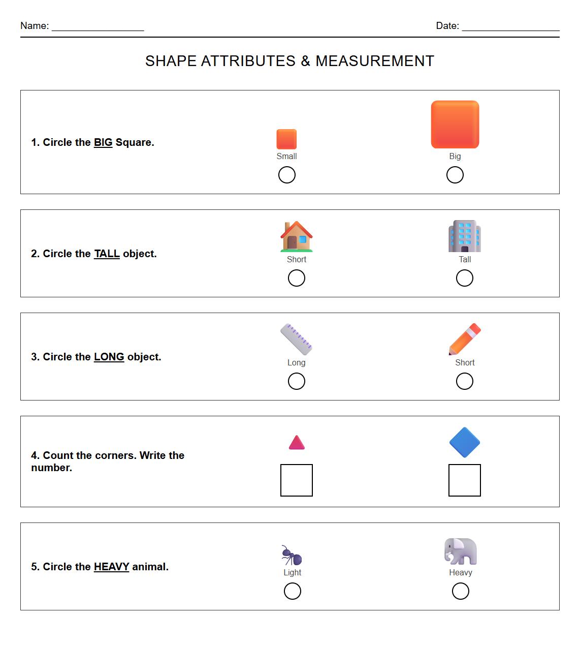 Shape Attributes Comparison Semantic Worksheet with Measurement Vocabulary Integration