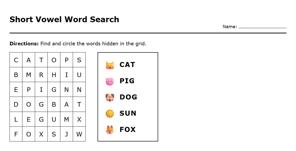 Short Vowel Word Family Word Search Phonics Worksheet