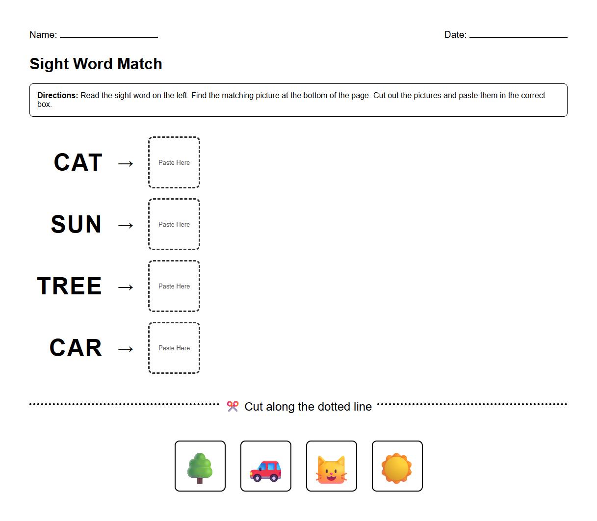 Sight Word Flashcard Cut and Match Activity