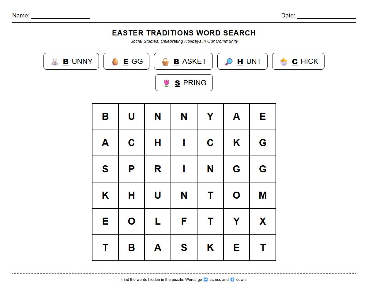 Sight Word Search Featuring Easter Vocabulary and Phonics Cues