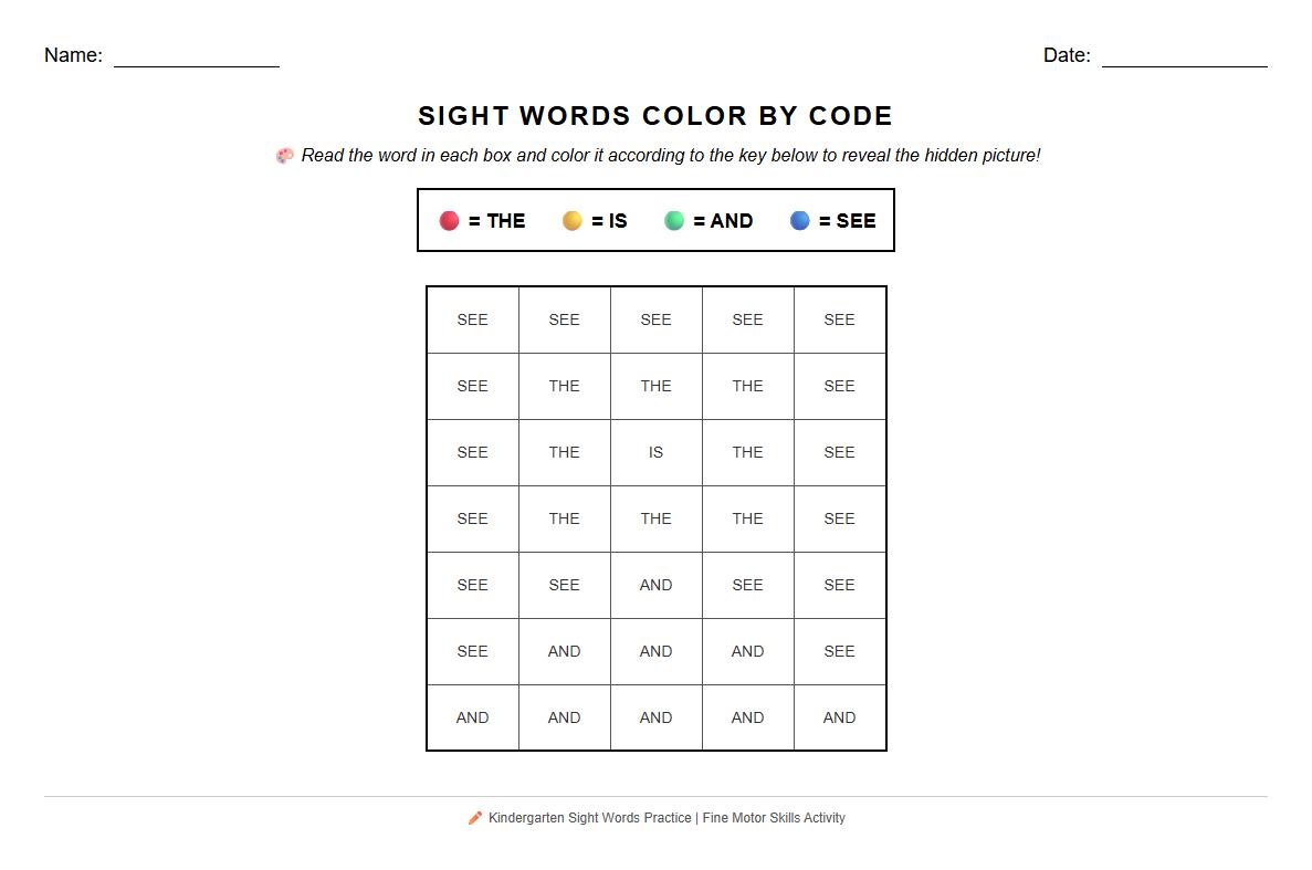 Sight Words Practice Color by Number Worksheet