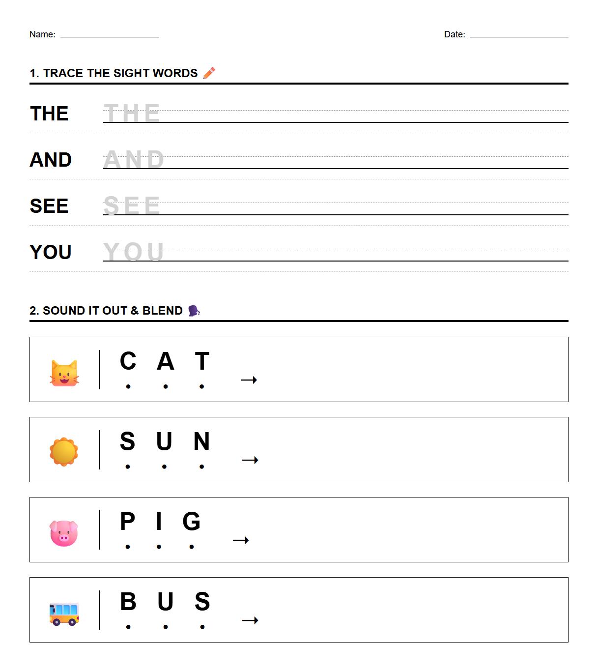 Sight Words Tracing with Phonics Blending Exercises