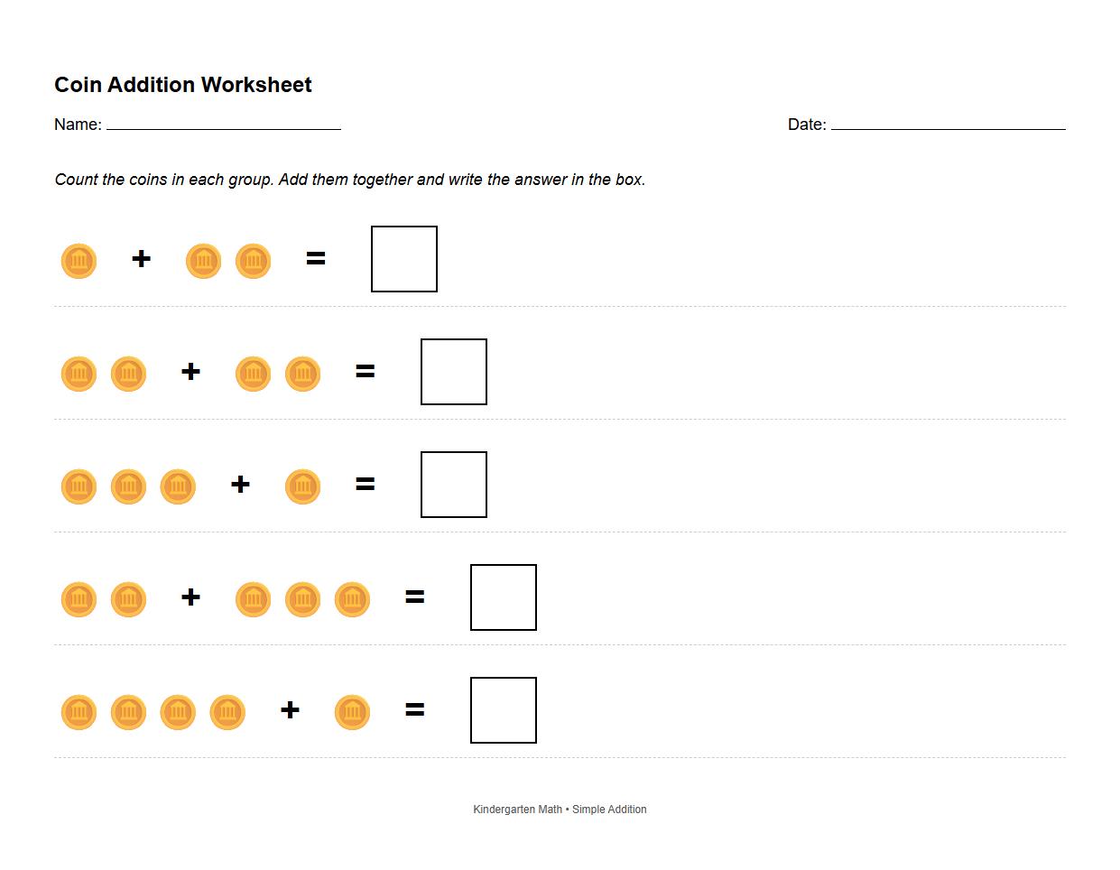Simple Addition with Coins Math Sheet
