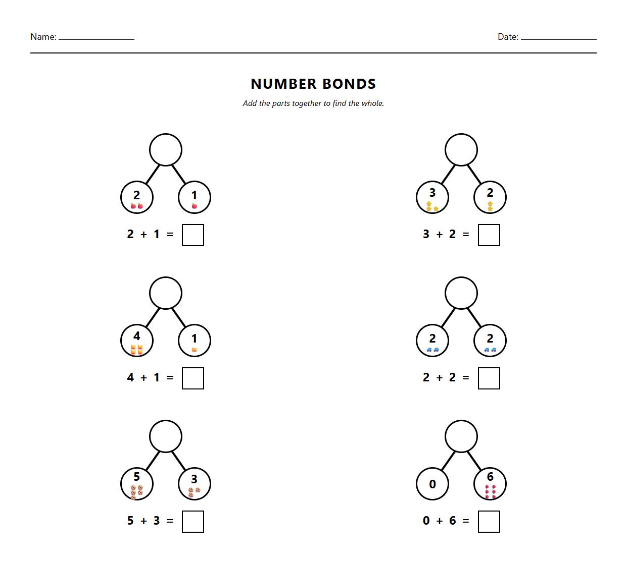 Single Digit Sums with Number Bonds Worksheet