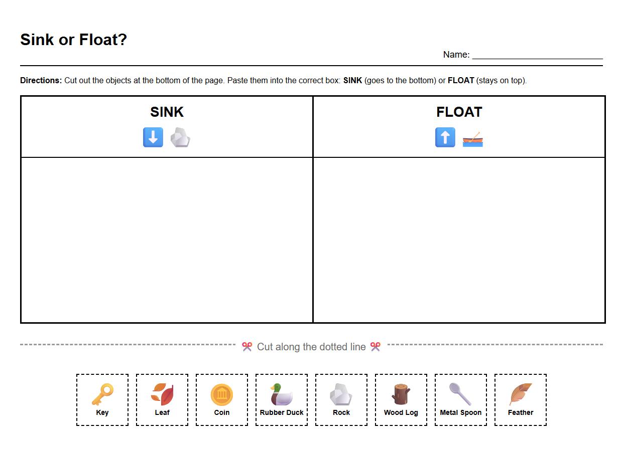 Sink or Float Sorting Worksheet with Graphic Organizers