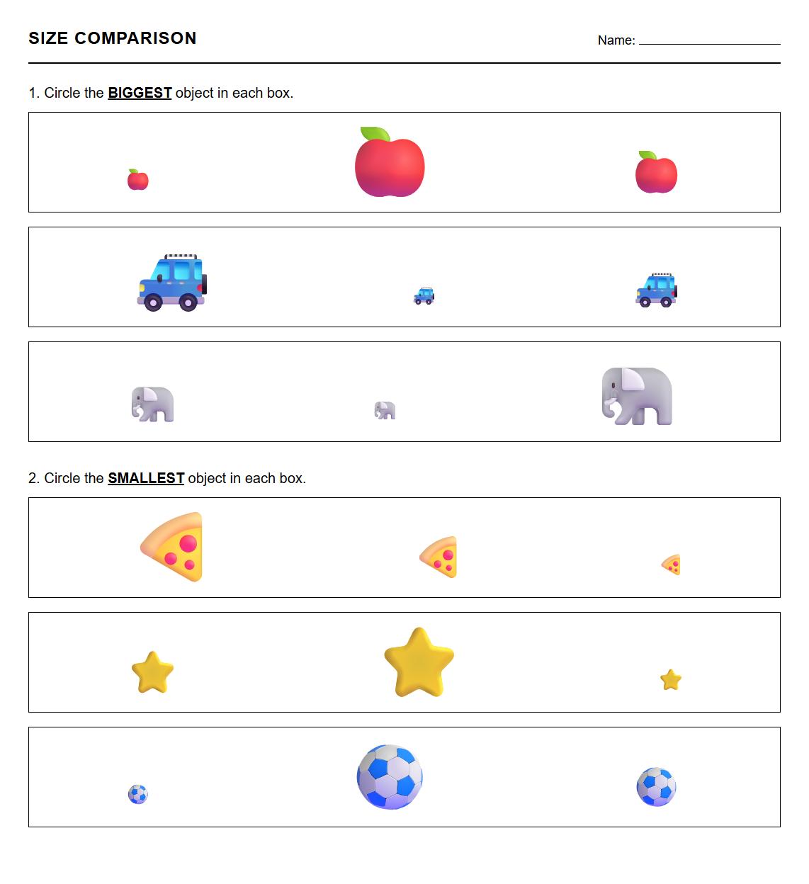 Size comparison worksheet using object images