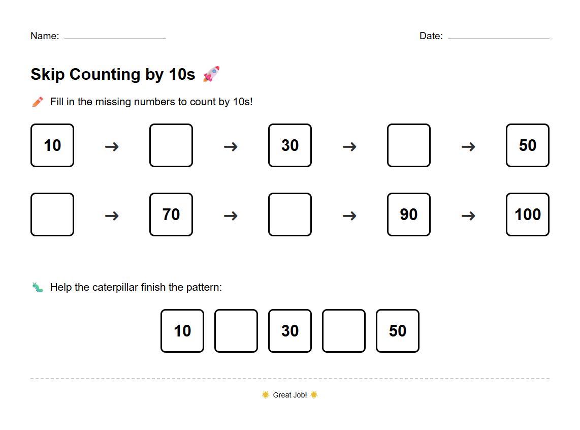 Skip Counting by 10s Fill in the Blanks Worksheet