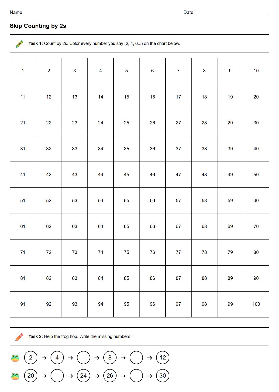 Skip Counting by 2s with Hundred Chart Worksheet