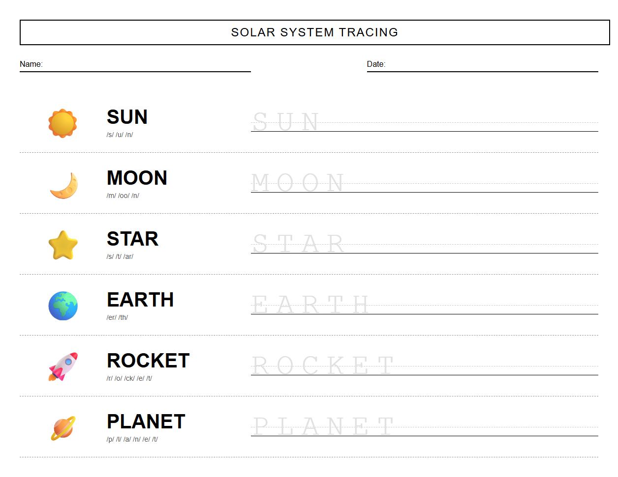 Solar System Terms Phonics Tracing Exercise