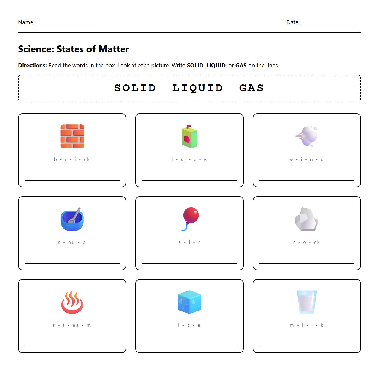 Solid Liquid Gas Labeling Phonics Activity