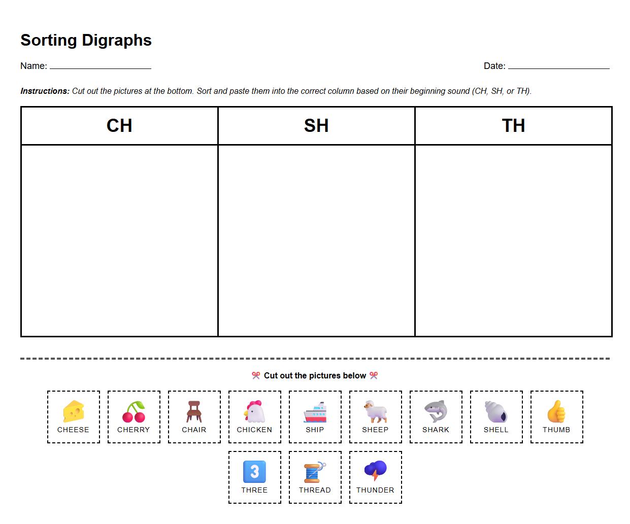 Sorting Digraphs by Sound Worksheet