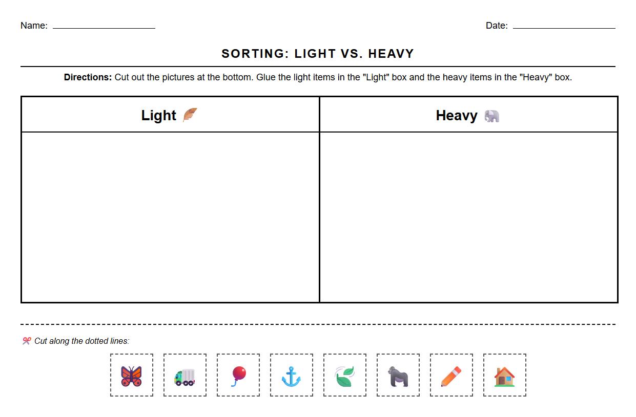 Sorting Items by Weight Visual Worksheet