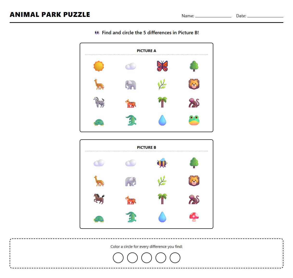 Spatial awareness worksheet with animal Spot the Difference scenes