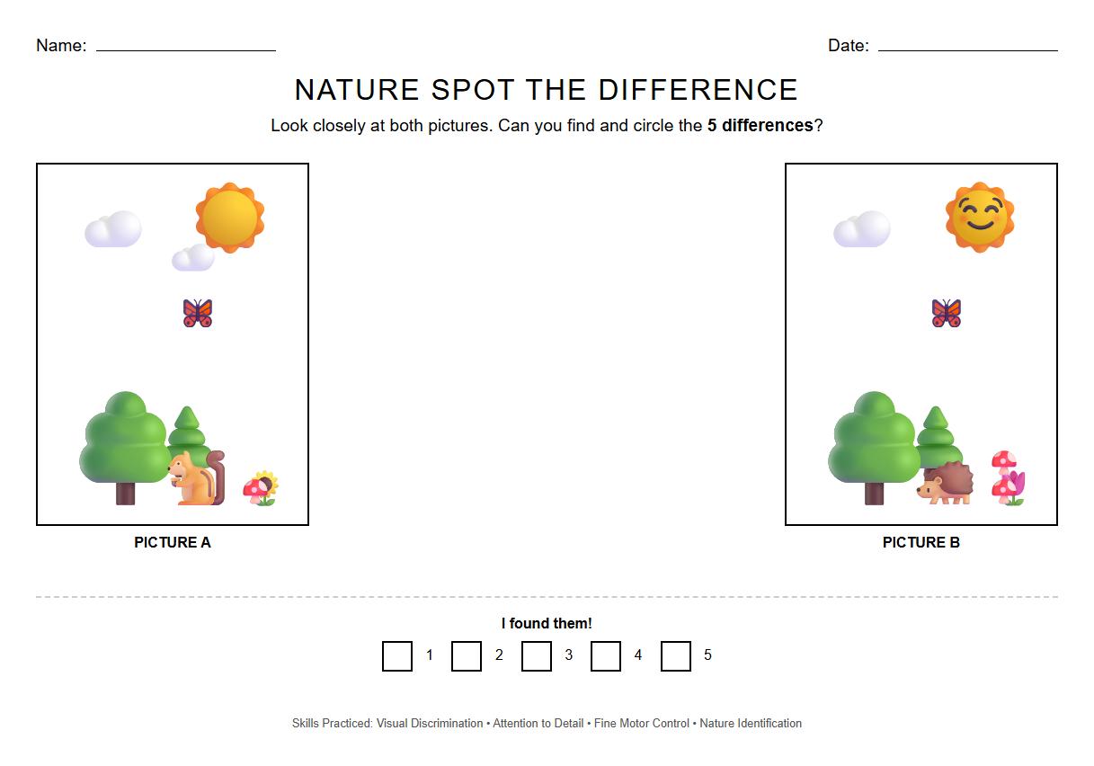 Spot the Difference Worksheet with Nature Landscapes for Critical Thinking