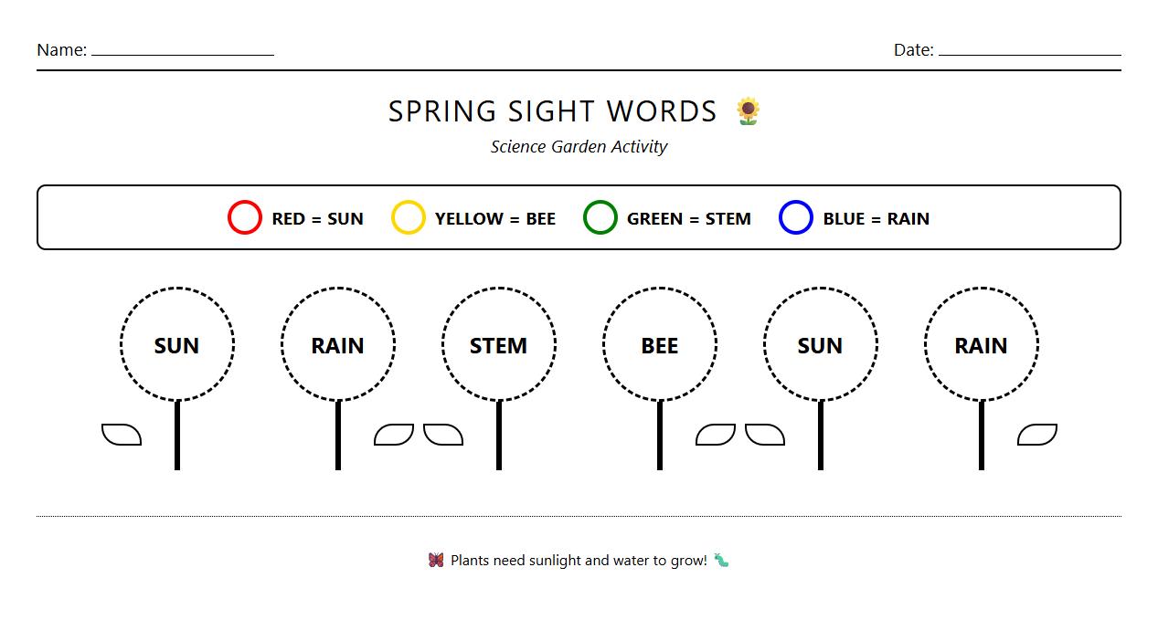 Spring Sight Words Coloring Worksheet with Flower Theme