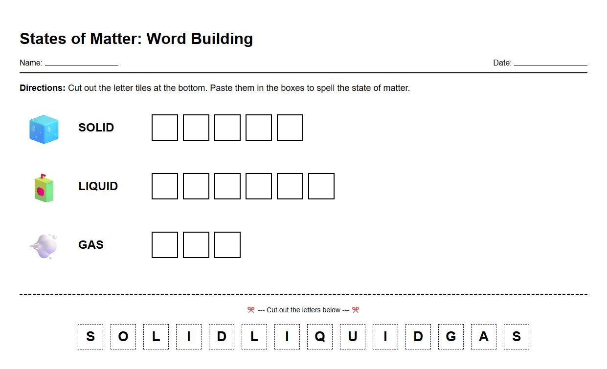 States of Matter Word Building Using Letter Tiles