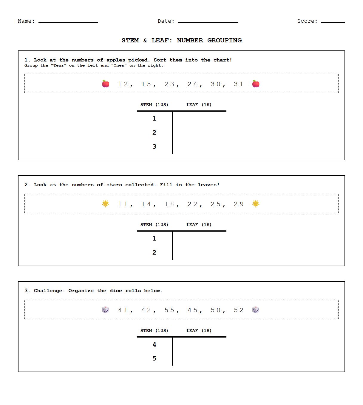Stem and Leaf Plot Worksheets for Numerical Data Grouping
