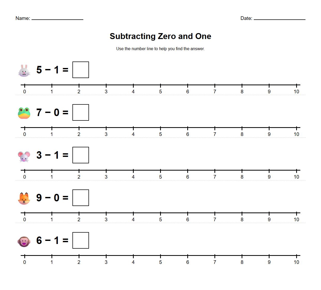 Subtracting Zero and One with Number Line Activity