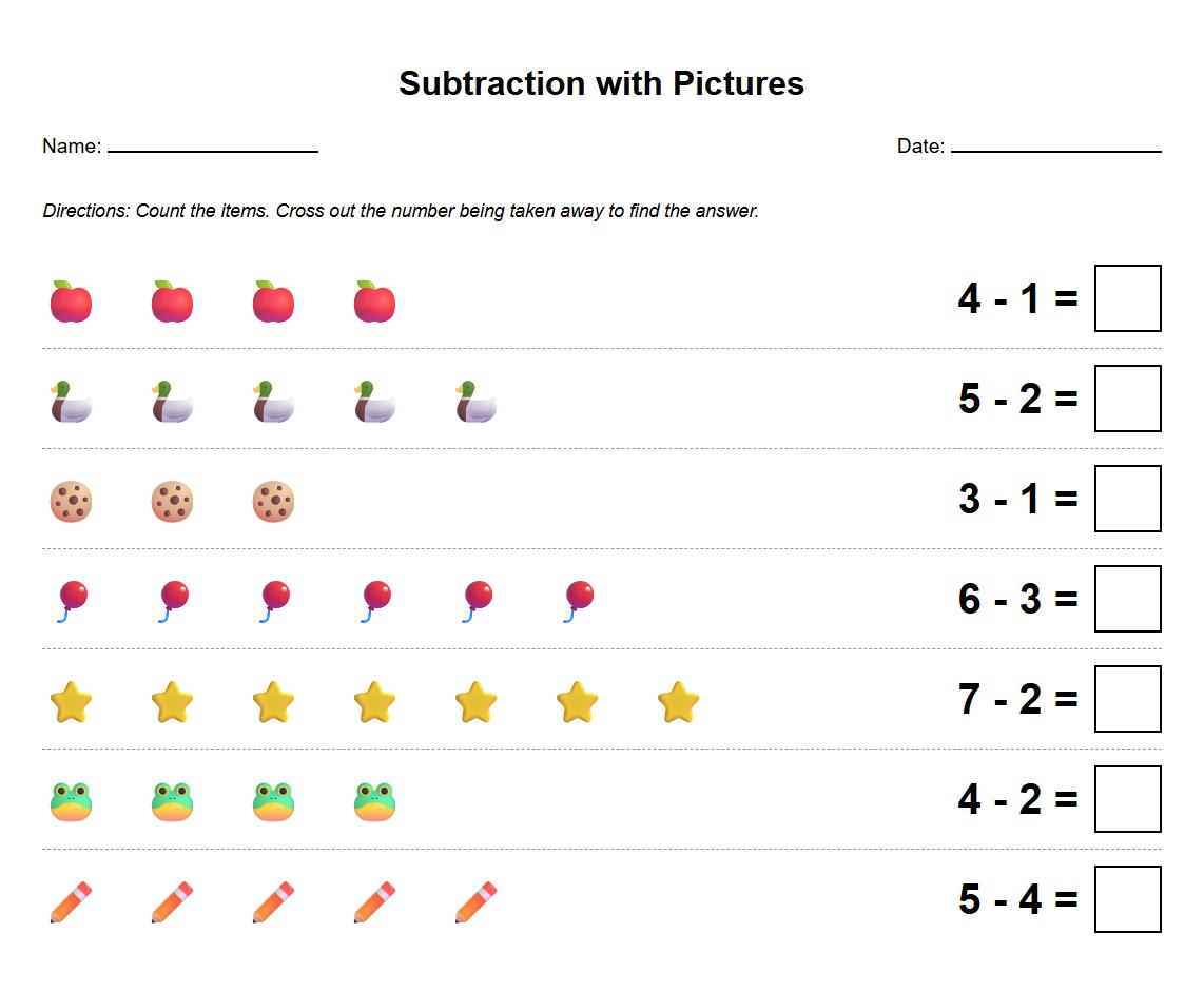 Subtraction with Manipulatives Illustration Worksheet
