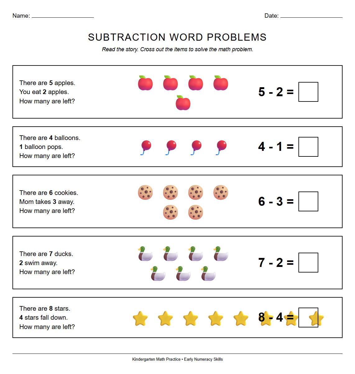 Subtraction Word Problems for Early Numeracy Skills Worksheet