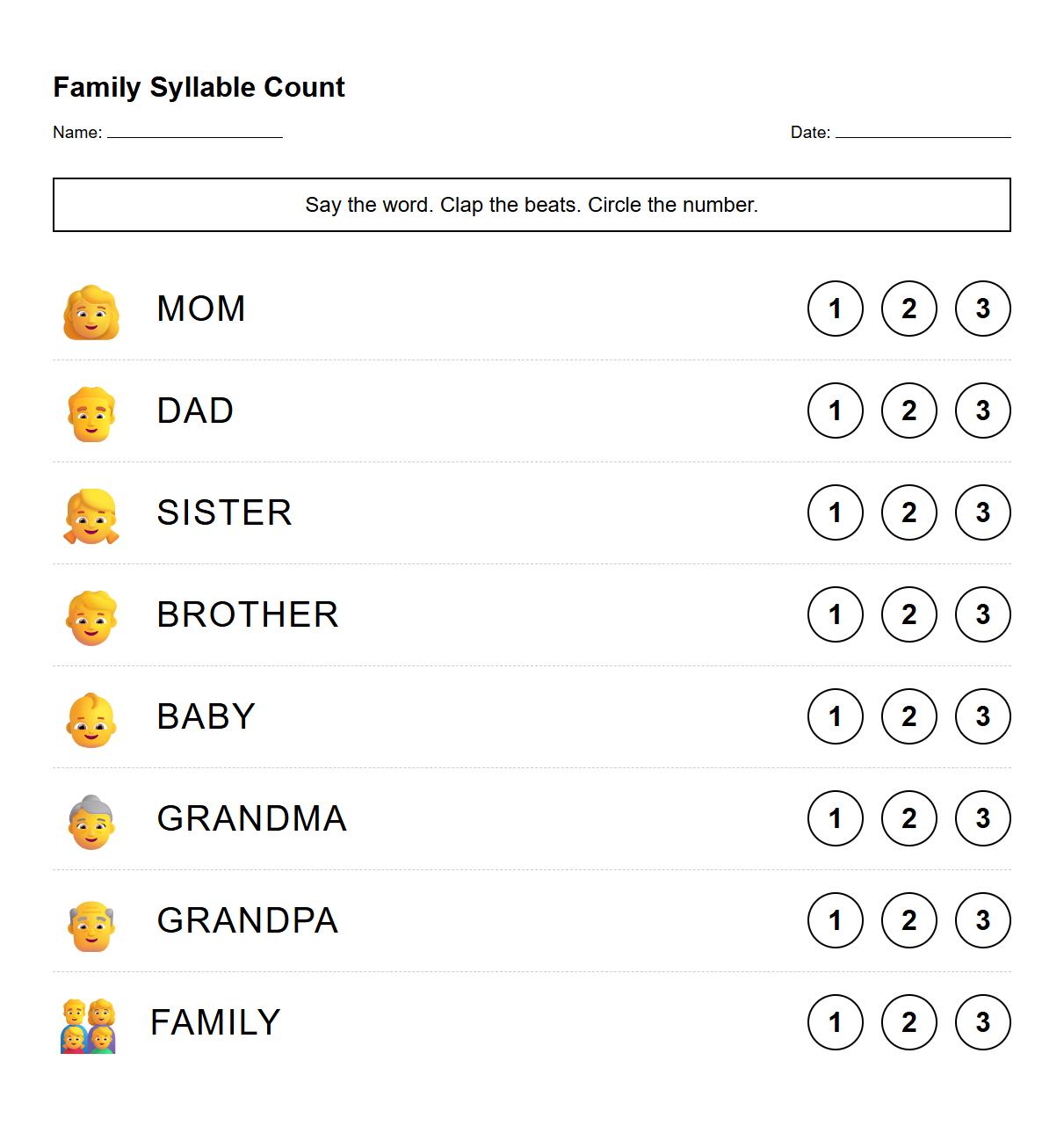 Syllable Counting Activity for Family Member Words