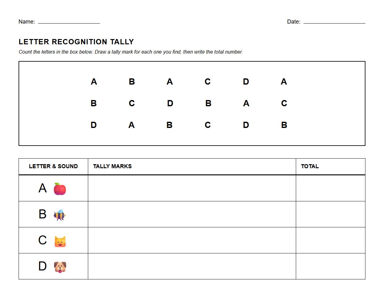 Tally Chart for Letter Recognition Phonics Practice
