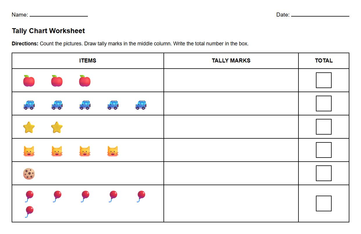 Tally Chart Numbers and Quantities Math Exercise