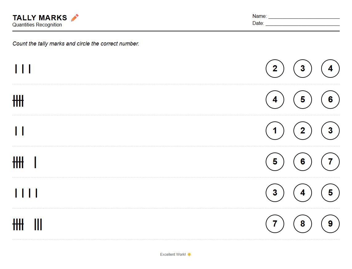 Tally Marks to Numerals Quantities Recognition Exercise