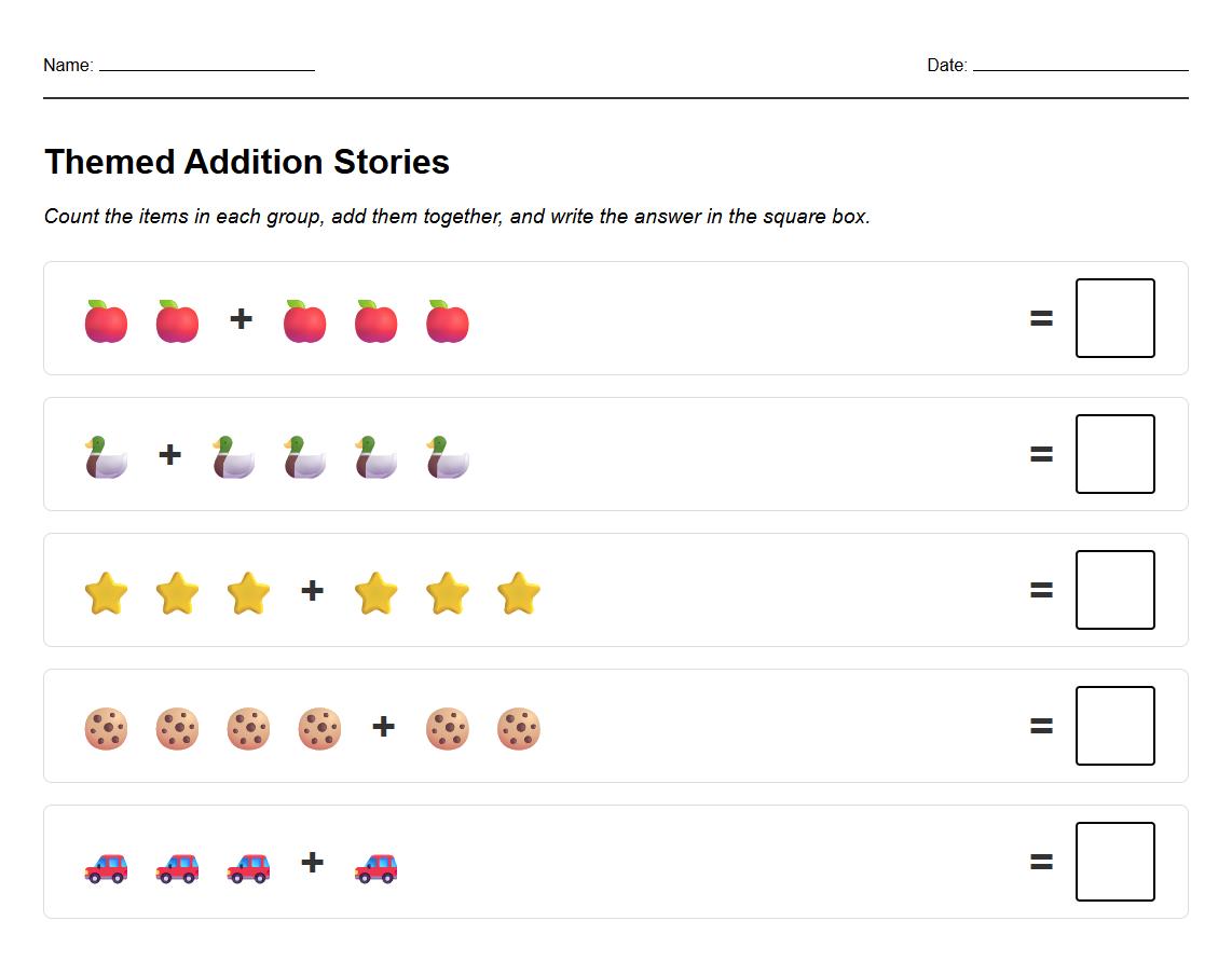 Themed Addition Stories with Visual Symbols Worksheet