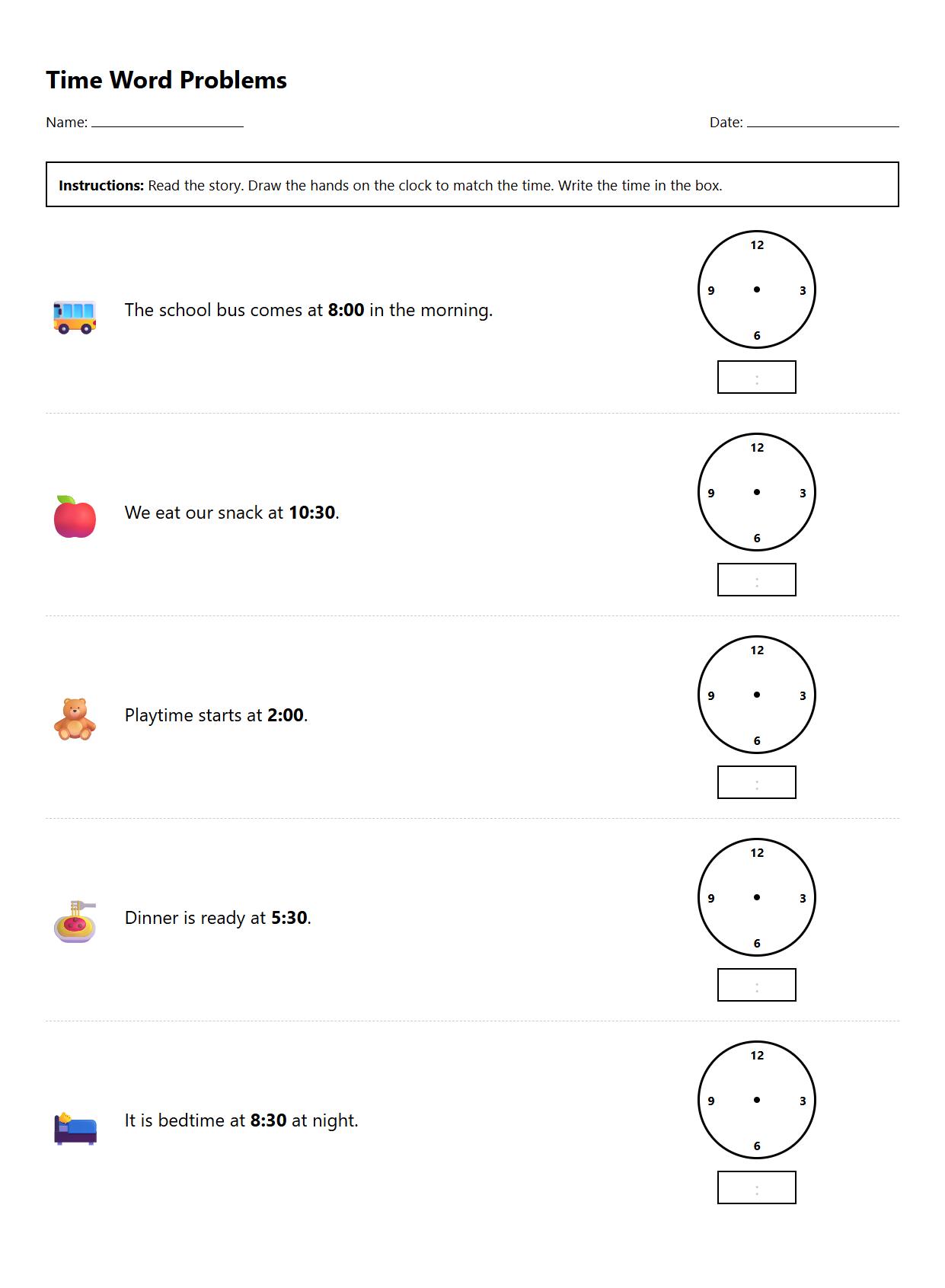 Time Word Problems Focusing on Hour and Half Hour Contexts