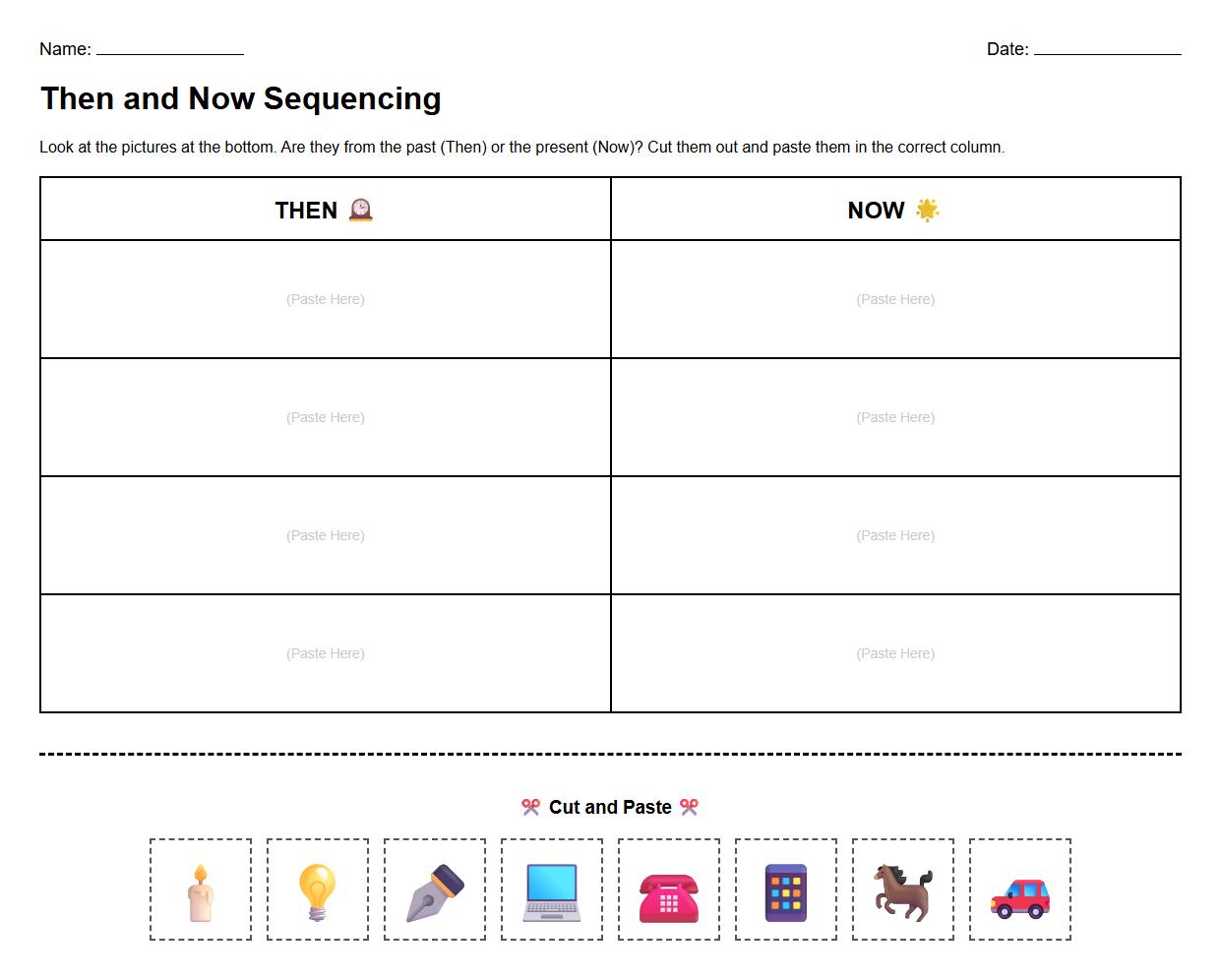 Timeline sequencing worksheet for Then and Now comparison