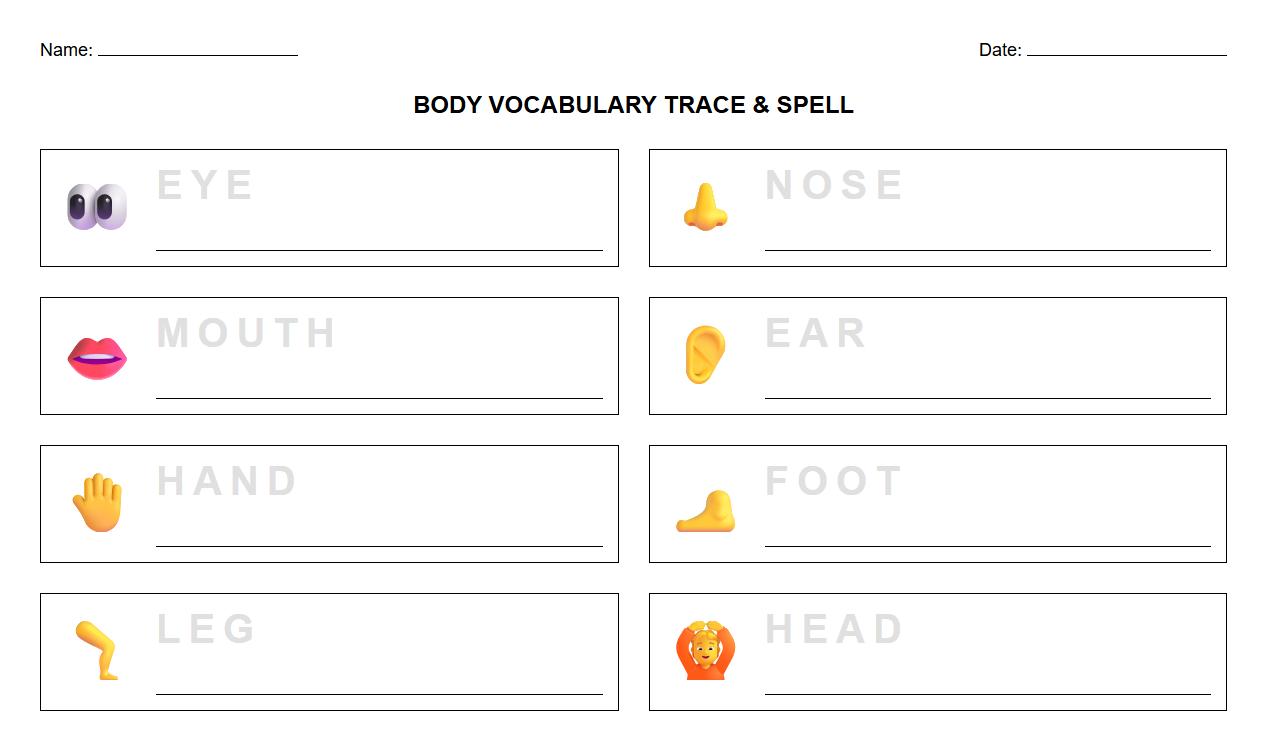 Trace and Spell Body Vocabulary Phonics Sheet