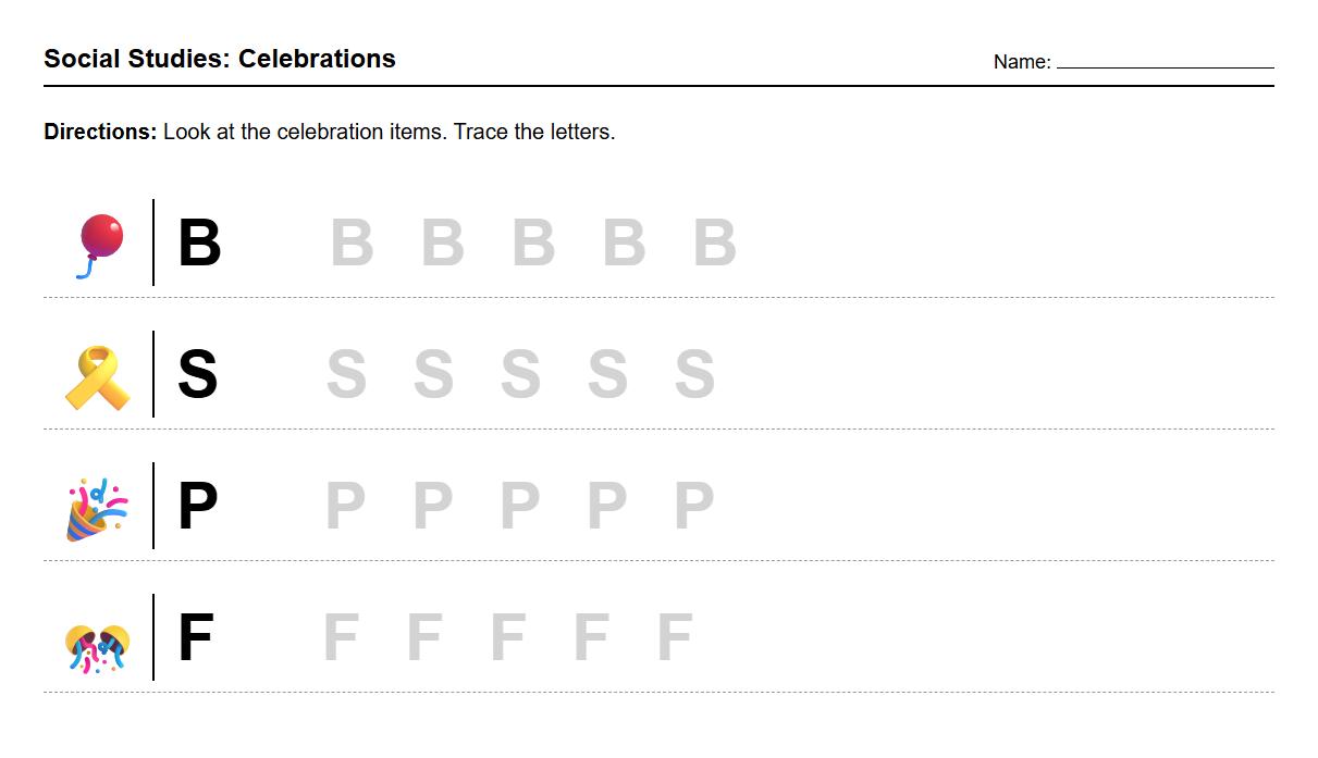 Tracing Letters Worksheet using Balloons and Streamers Visuals
