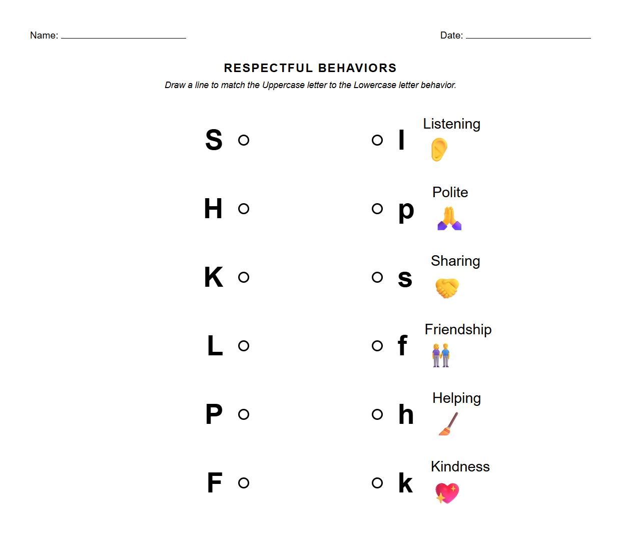 Uppercase and Lowercase Phonics Matching on Respectful Behaviors