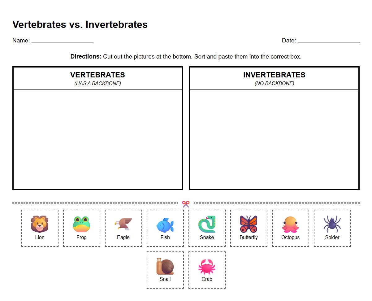 Vertebrates and Invertebrates Sorting Worksheet