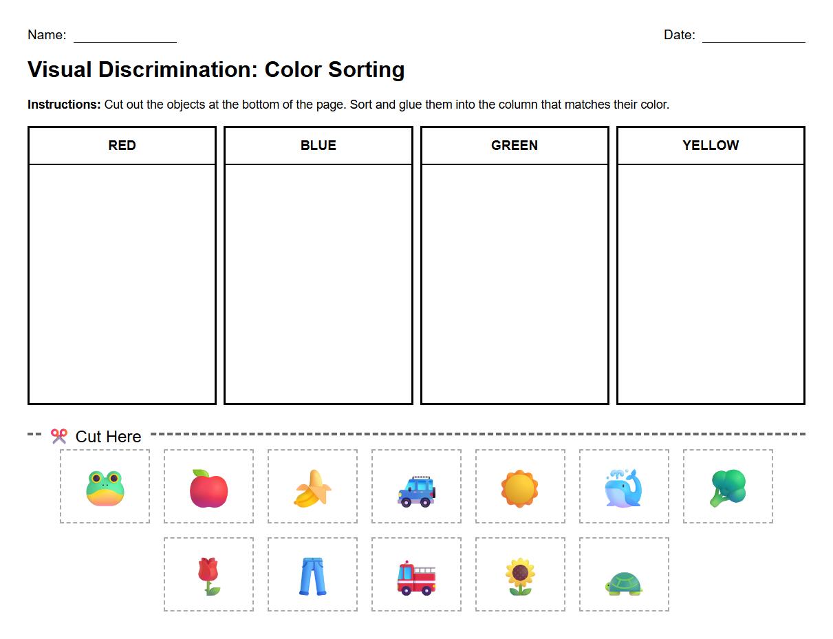 Visual Discrimination Color Sorting Worksheet Using Everyday Objects