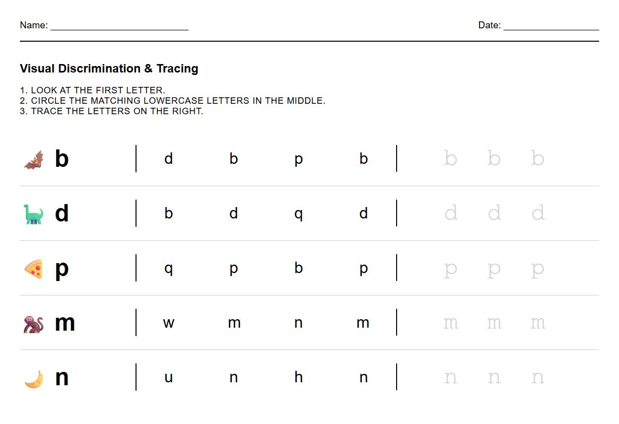 Visual Discrimination of Similar Letters with Tracing Worksheet
