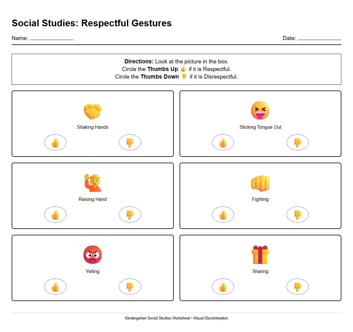 Visual Discrimination worksheet for recognizing respectful and disrespectful gestures