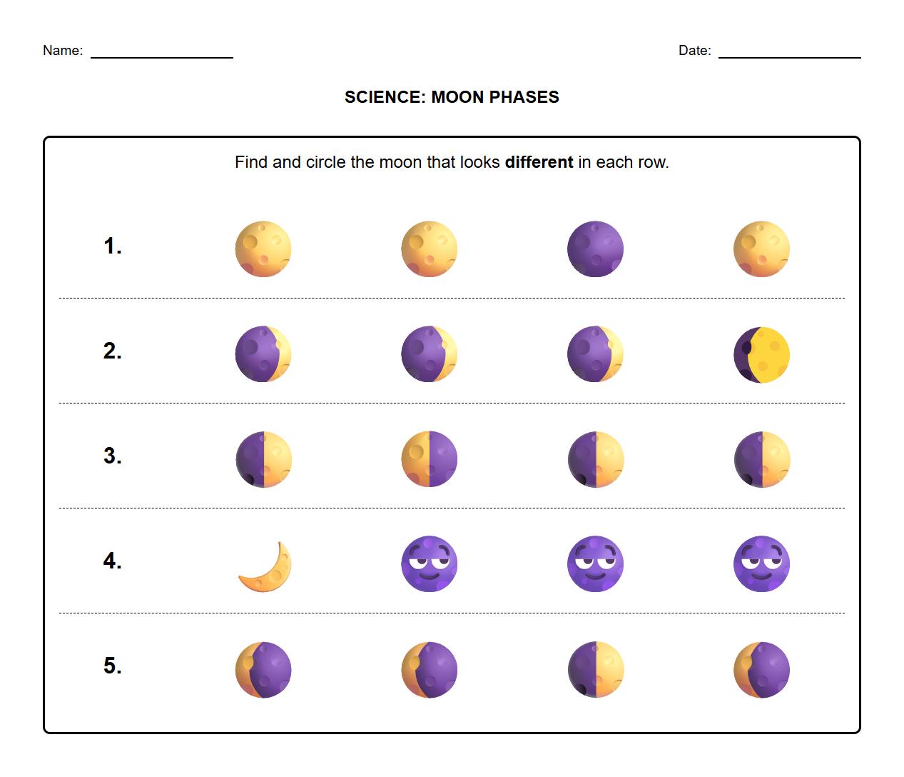 Visual discrimination worksheet: Spot the difference in moon phase illustrations
