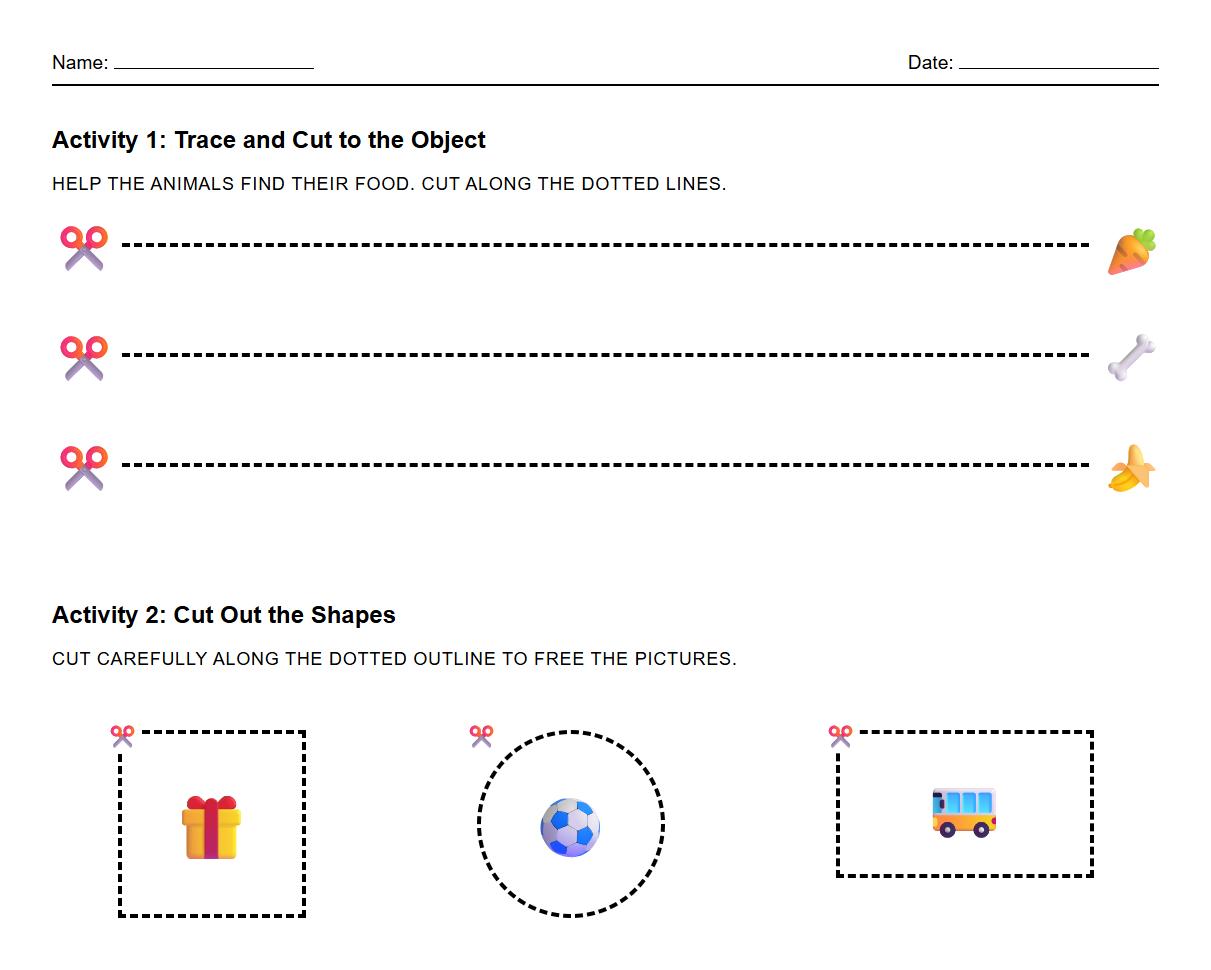 Visual Motor Integration Worksheets with Picture Outlines for Cutting
