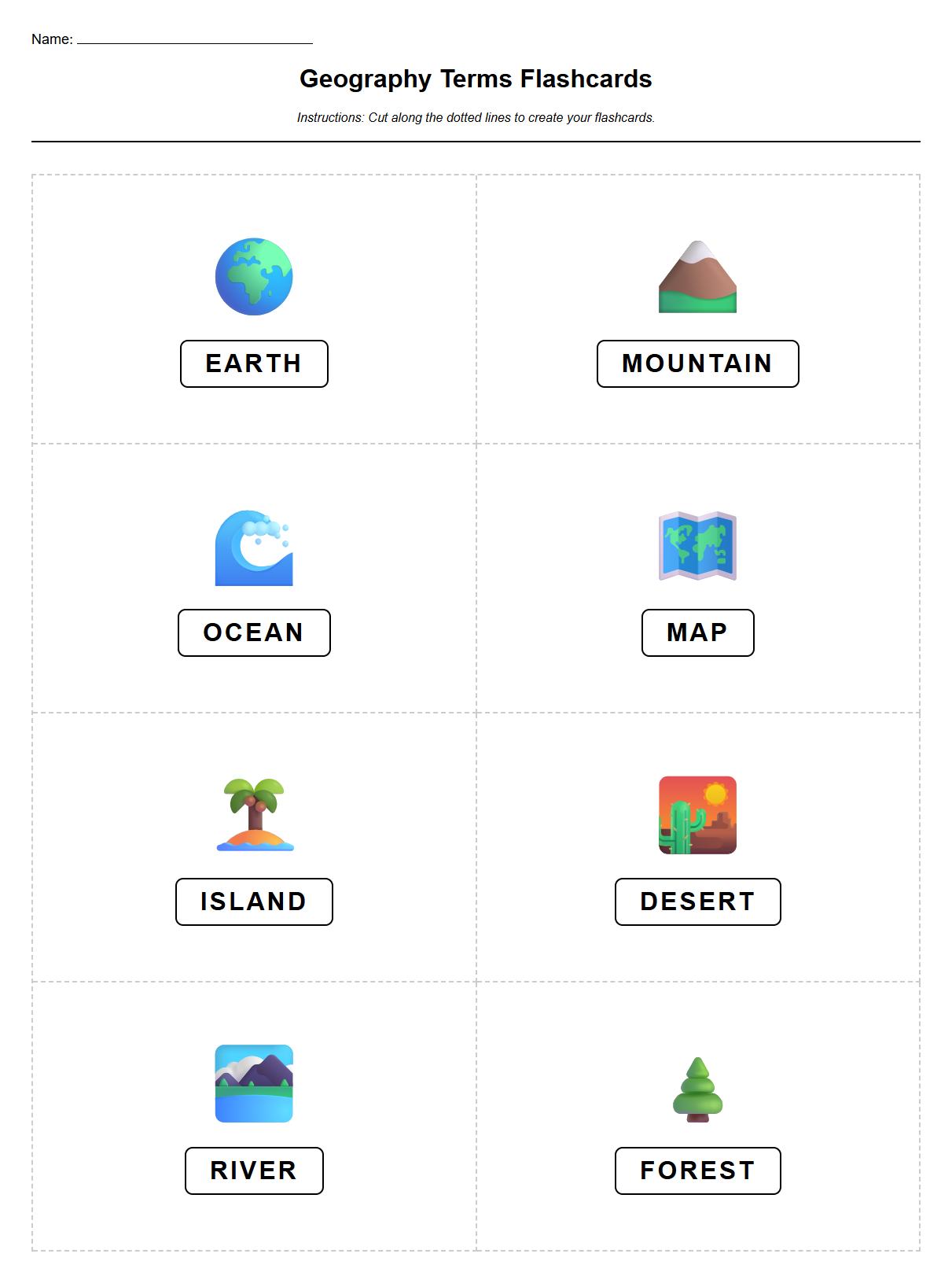 Vocabulary Flashcards for Geography Terms Worksheet