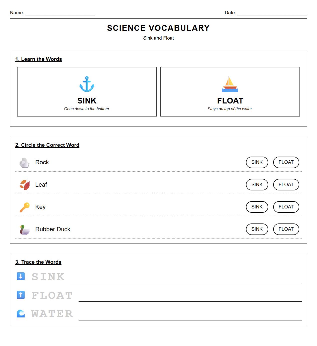 Vocabulary Worksheet: Scientific Terms for Sink and Float