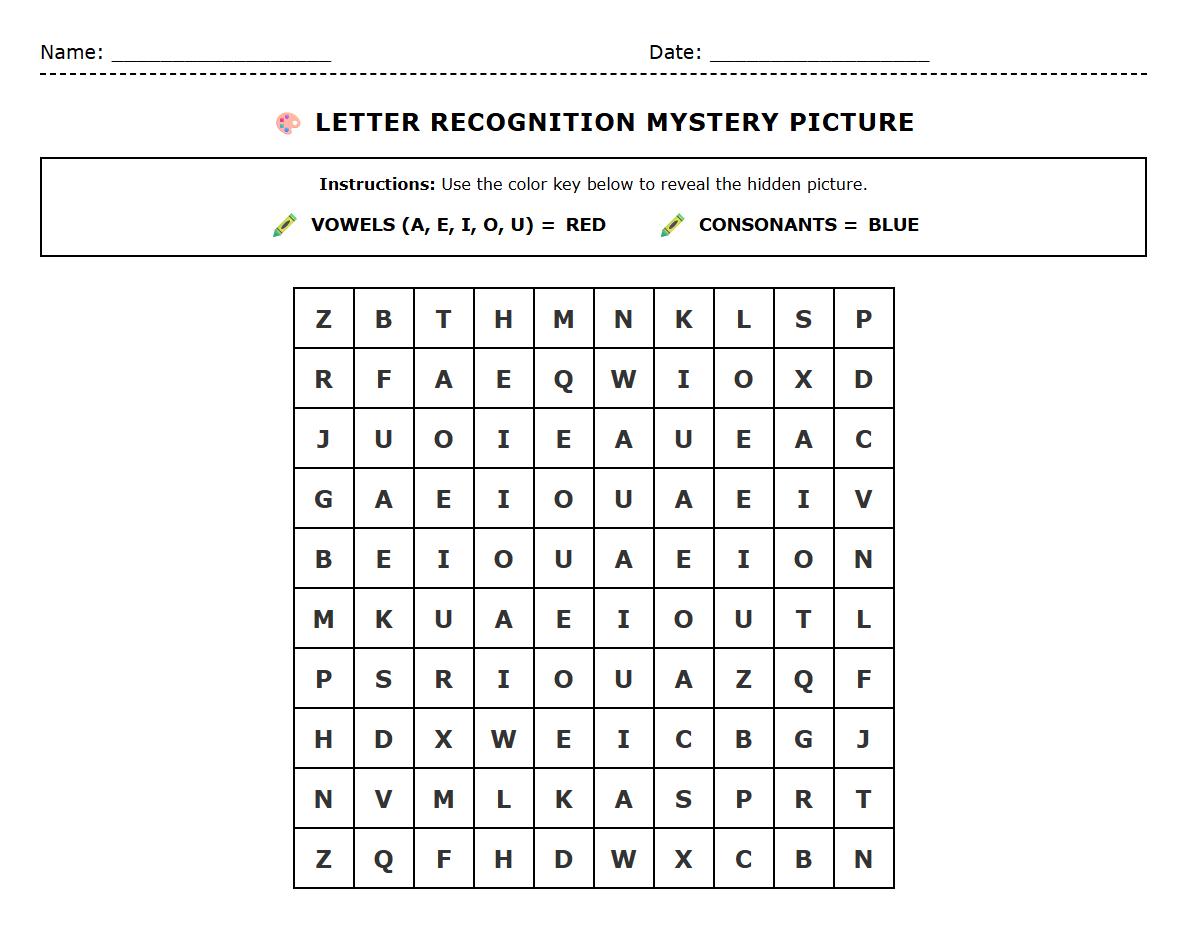 Vowel and Consonant Color by Number Letter Recognition Sheets