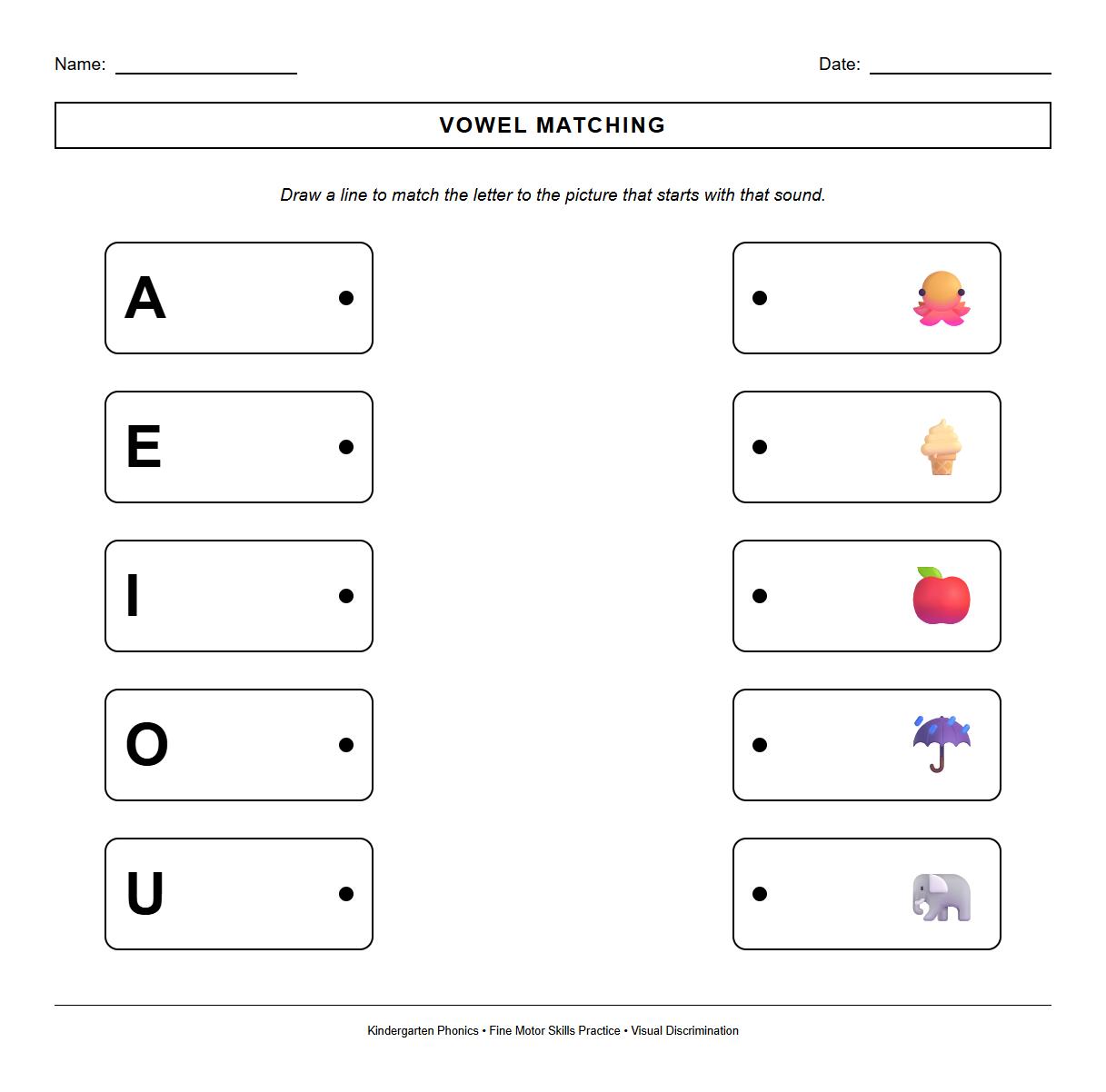 Vowel Recognition Visual Discrimination Matching Worksheet Phonics