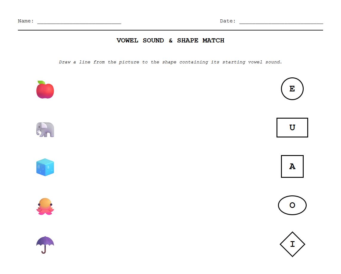 Vowel Sound and Shape Pairing Exercise