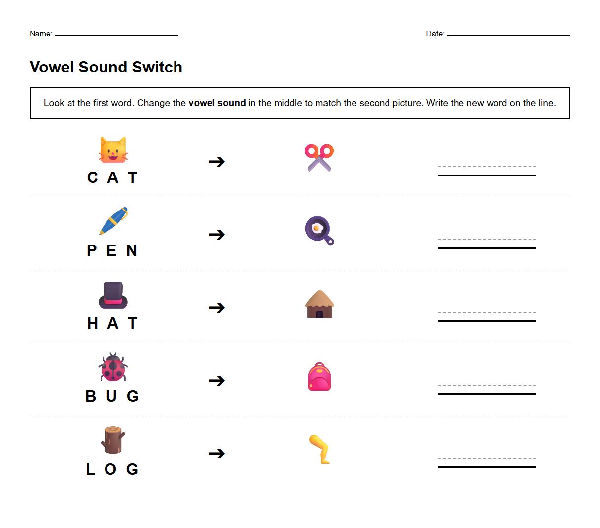 Vowel Sound Substitution Phonics Drill Worksheet