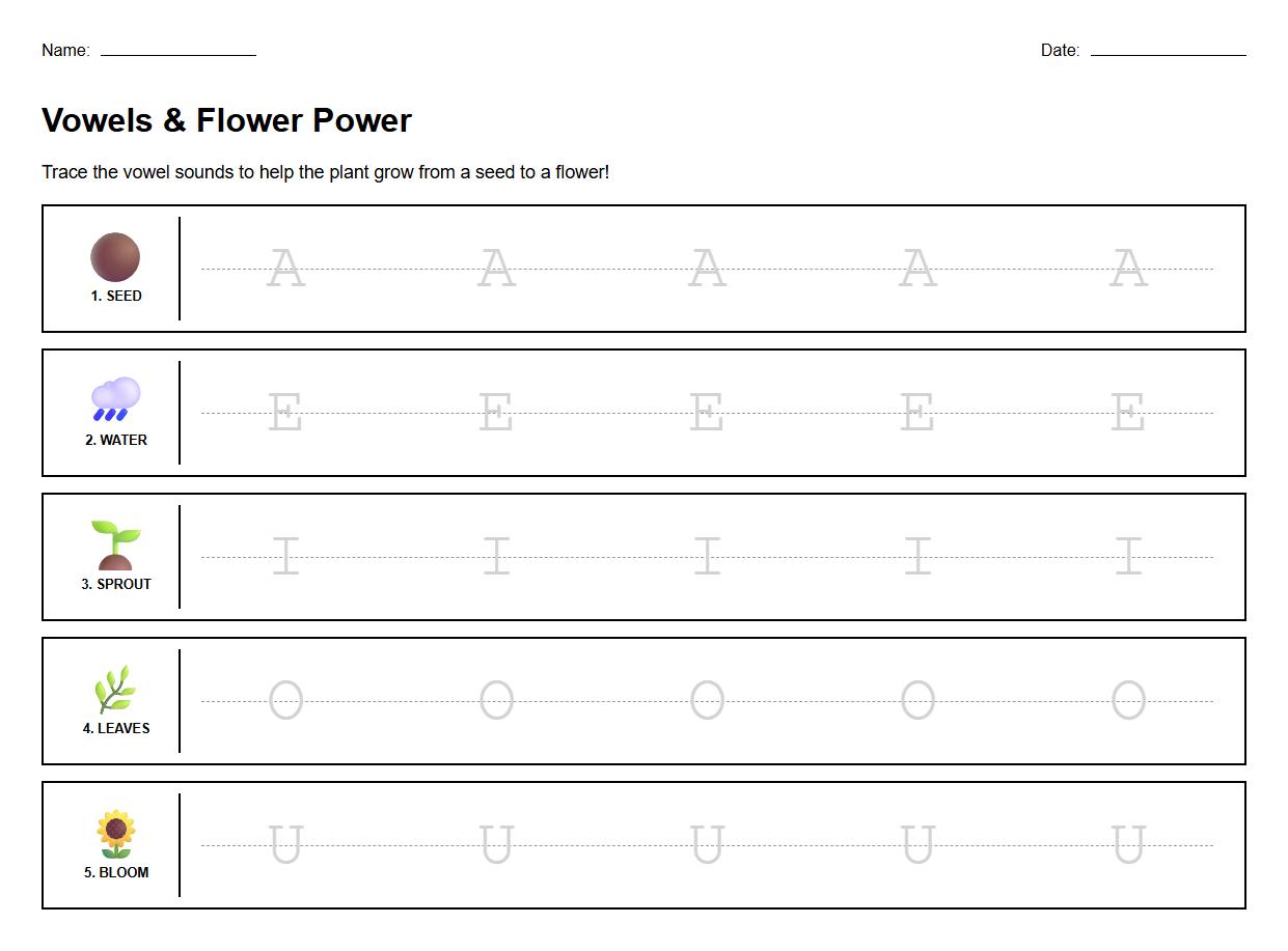 Vowel Sounds Tracing Practice with Flower Development