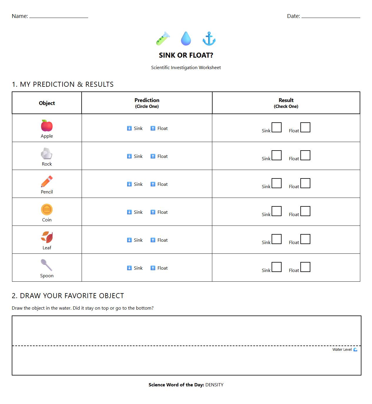 Water Density and Buoyancy Science Investigation Template