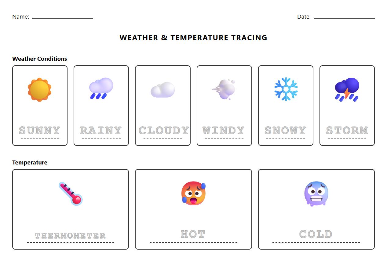 Weather Vocabulary Tracing Sheet Including Temperature and Thermometer